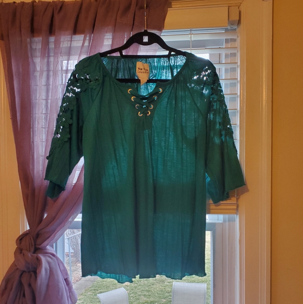 New York & Company Teal Lace-Up Blouse